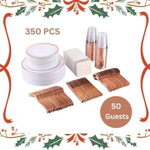 Rose Gold Disposable Plastic Dinnerware Set for 50 Guests – 350 Pieces